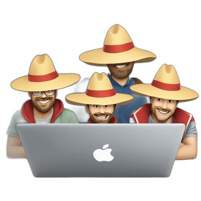 5 web developers wearing sombreros, with macbooks, sitting riding on a shark, laravel flag on pole emoji