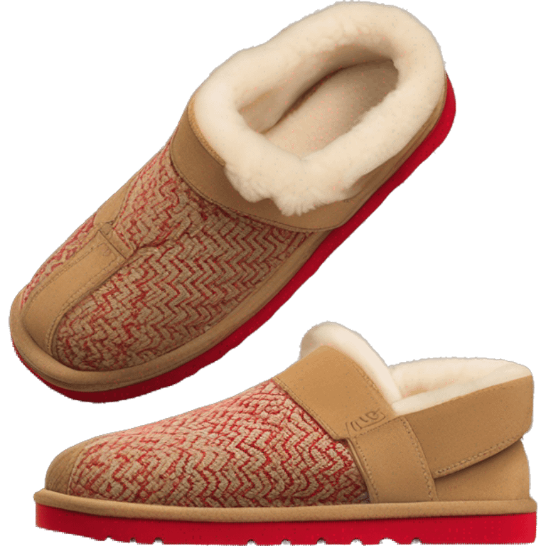 Camel color platform slip-on UGG slippers. thin red woven zig-zag trim line detail on the cuff emoji