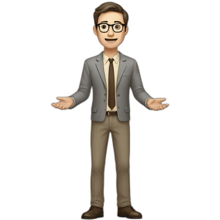 Full height Actively gesturing with hands Pale skinned fit man with dark brown hair in gray jacket, beige office shirt, brown tie, brown pants and vintage glasses. emoji