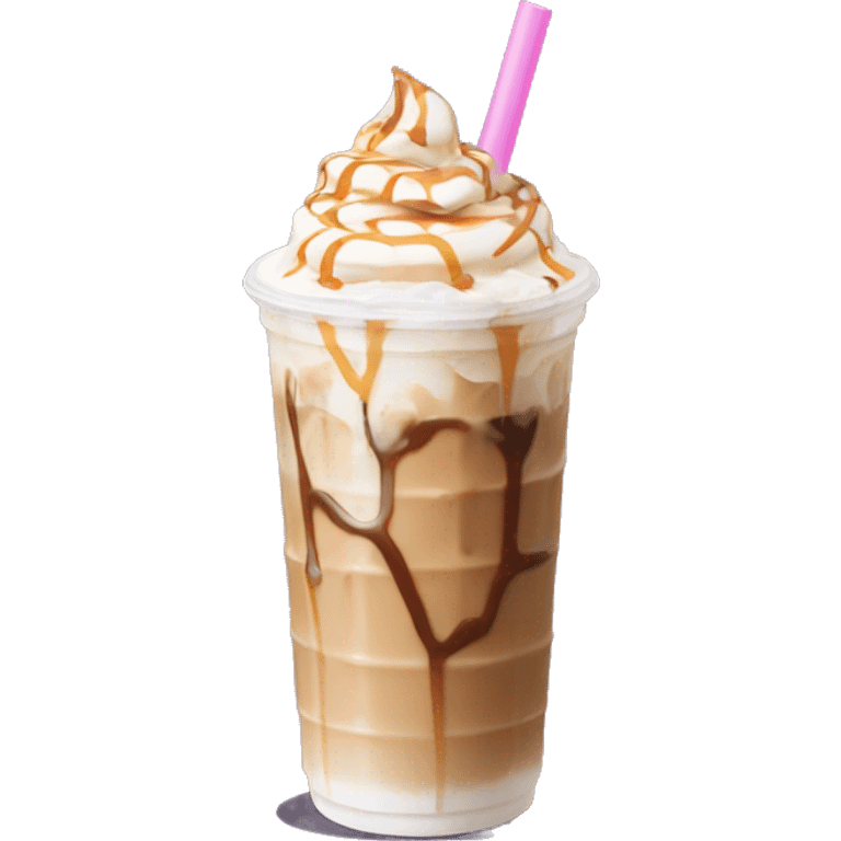 Caramel iced coffee with whipped cream and caramel drizzle with light pink straw emoji