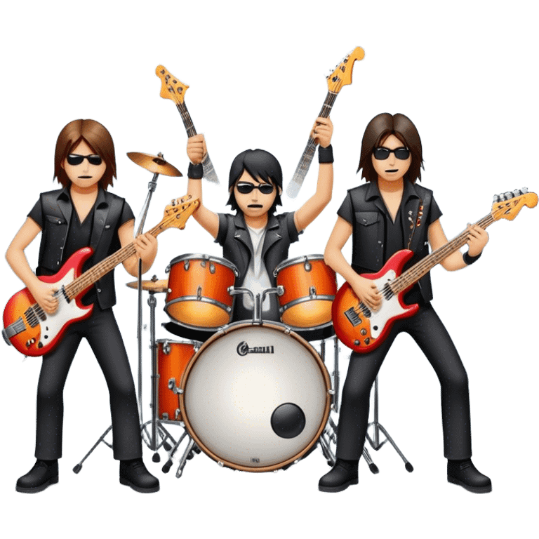 Icon for Metal Music: metal band on stage with 4 musicians playing electric guitars, bass, and drums. The atmosphere is intense, with flashing lights, smoke, and energetic stage presence. The vibe is powerful and electric. Transparent background. emoji