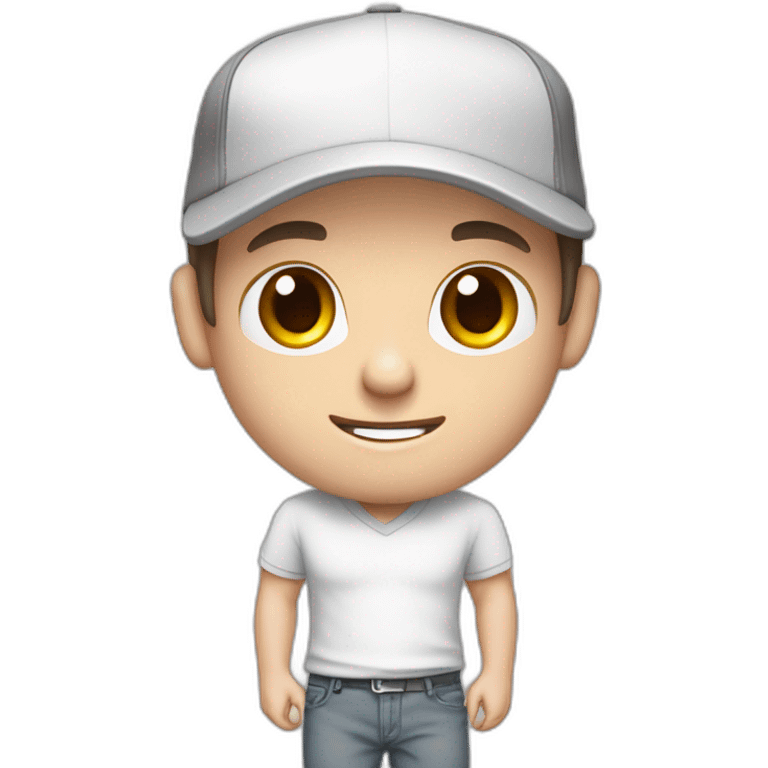 Pale skinned fit Man with dark brown hair in a white cap, gray jeans and gray polo T-shirt keeping a pasted with tape box into his hands emoji