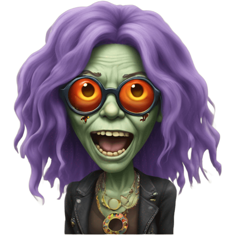  janis joplin zombie dancing, who wears  big circle glasses emoji