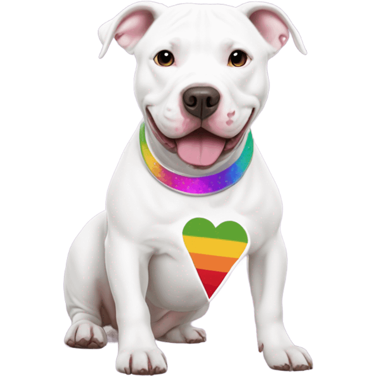 White pitbull named ice wearing lgbtq shirt emoji