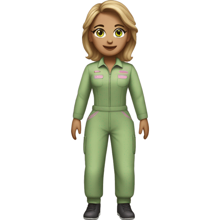 Woman dark blond hair light green eyes  pink  full body jumpsuit flying emoji