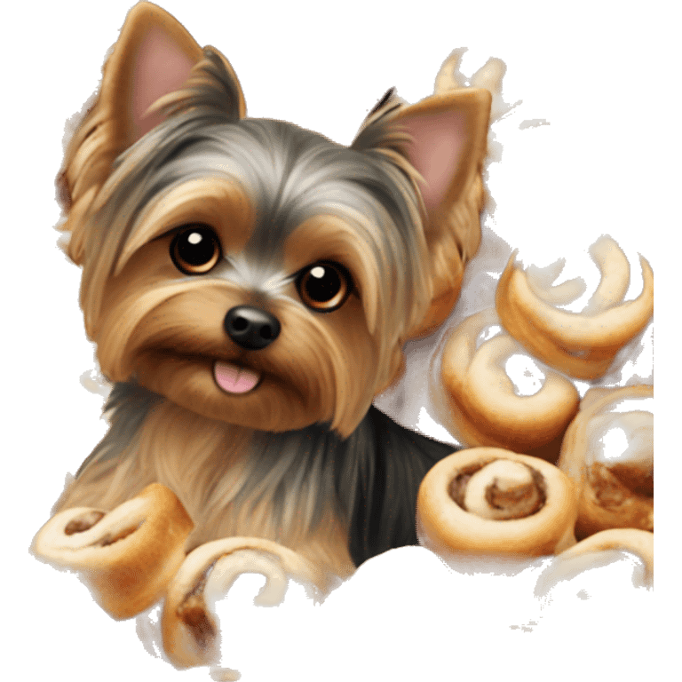 Yorkie dog with a lot of cinnamon rolls emoji