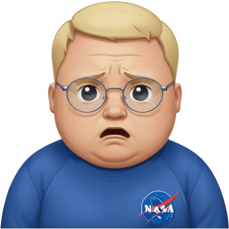 angry chubby man, crying like a kid,  blond short and hight receding hairline, wearing a dark blue sweatshirt, nasa logo on the sweatshirt, round glasses without frame, 40 years old emoji