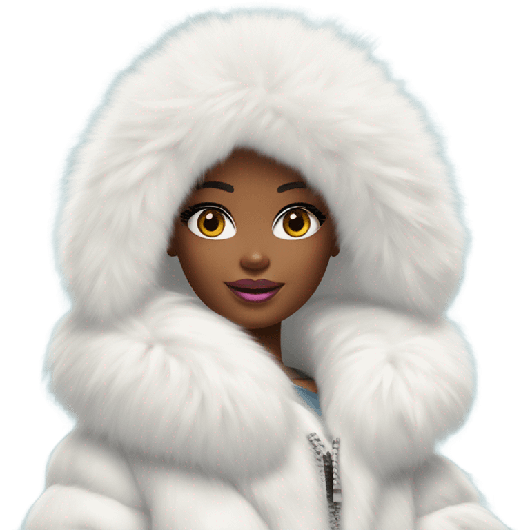 Barbie looking emoji  in an extremely big fluffy oversized white fur coat with hood on. The fur is real and it’s very obvious big and fluffy like in Pinterest  emoji