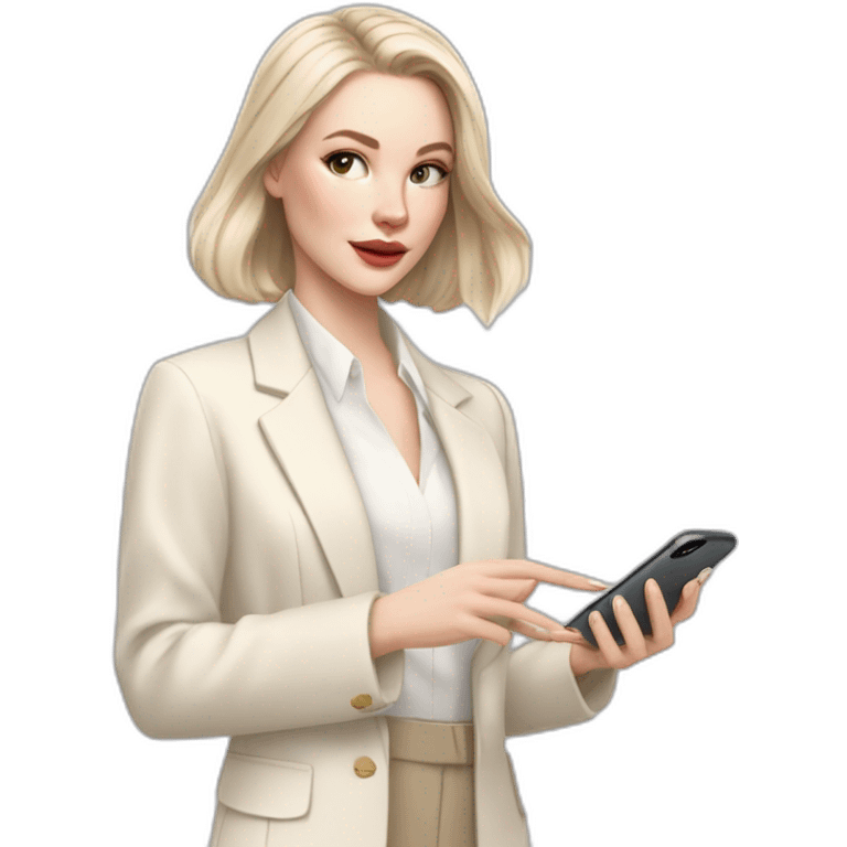 pale skin woman with ash blonde Straightened bob Hair, White Spacious classical jacket, beige palazzo Arrow pants and gray blouse holding white IPhone 15 pro in the hands emoji