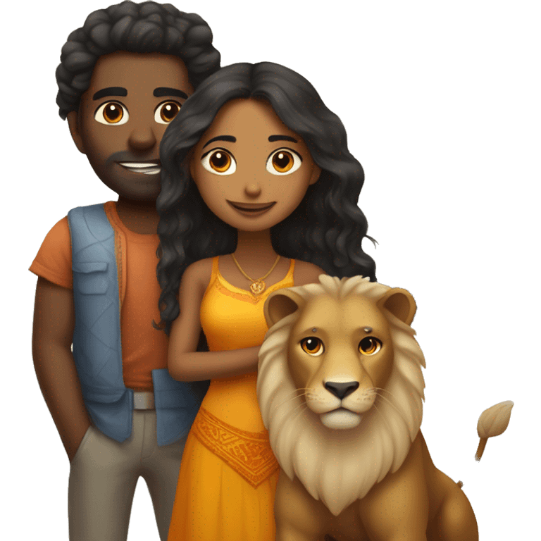 indian girl and black man in love picture with a pet lion emoji