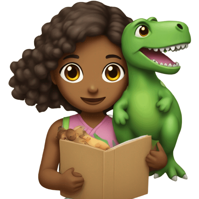 Brown girl holding green plush dino emoji