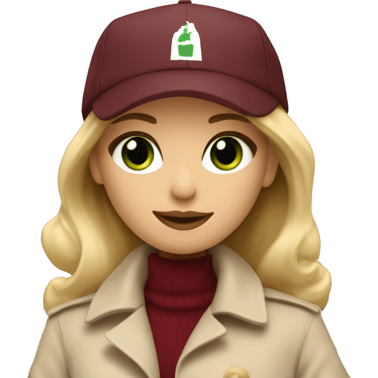 Blonde girl with green eyes in beige trench coat and burgundy baseball cap written Paris on it  emoji