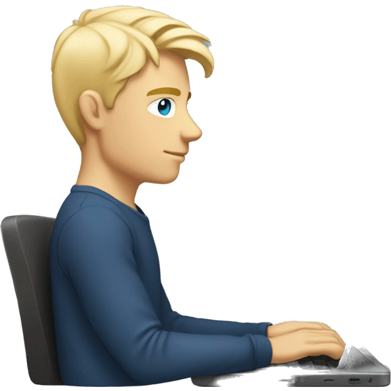 male 24, blonde hair, blue eyes, working on a laptop, side view, mulet hairstyle emoji