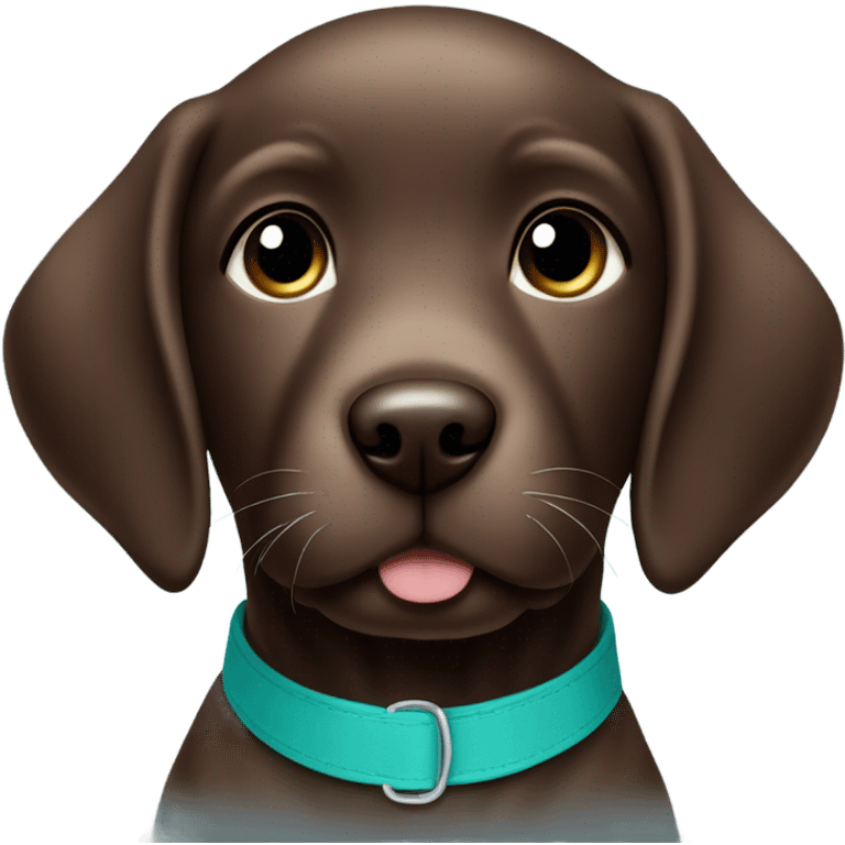 Chocolate labrador cute puppy with small white patch of fur on chest and teal collar emoji