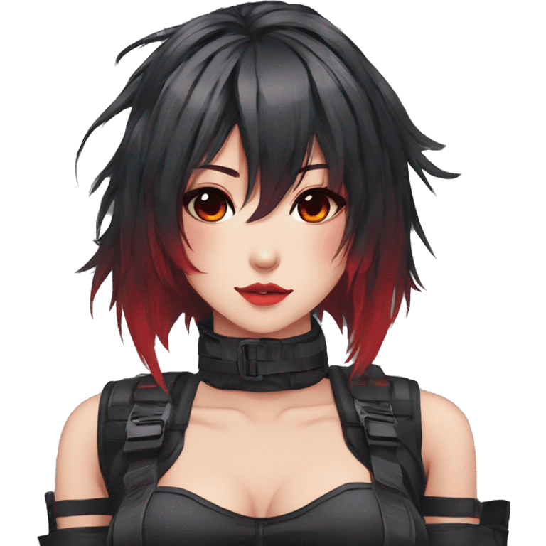 Gorgeous techwear anime style lady with blushing face aesthetic and pretty edgy black red punk hair with hair garment and collar  and harness trending style emoji