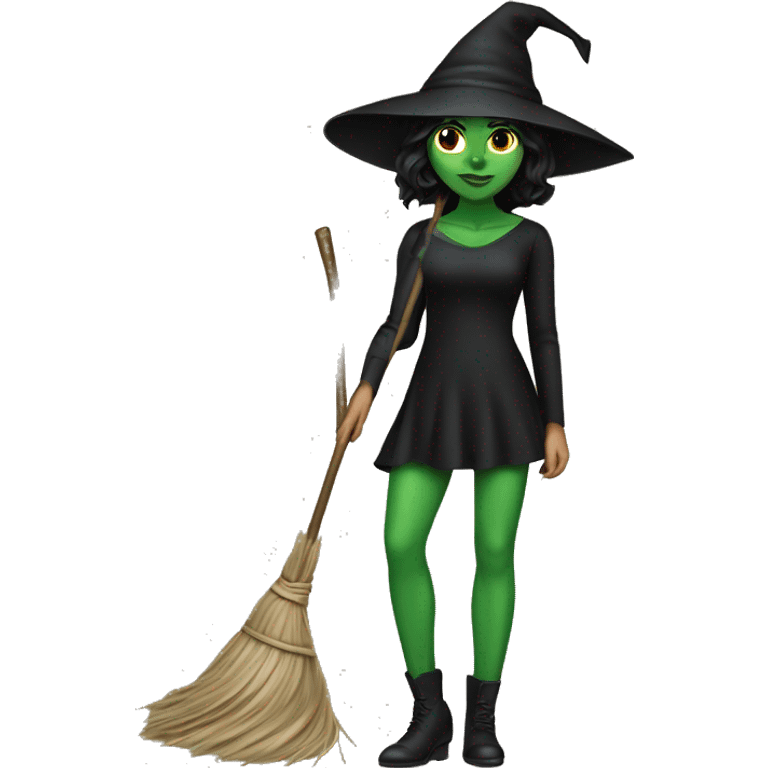 Woman with  striking green skin, dark hair, wears a black dress and a pointy hat  carries a broomstick, emoji