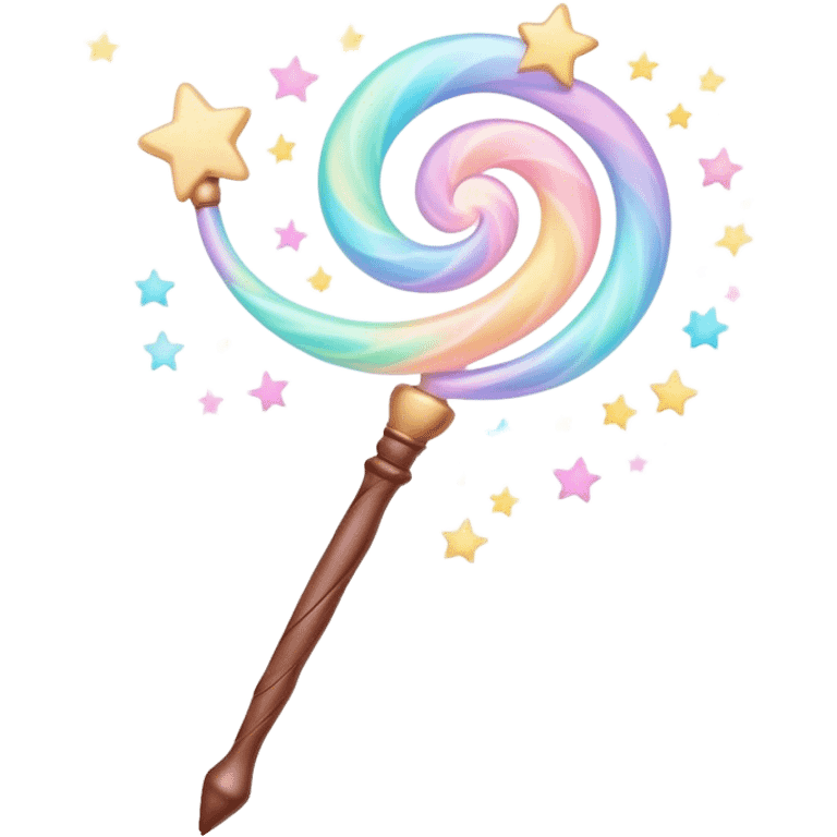 Cinematic cute magical wand, pastel swirls of color, tiny twinkling stars floating around, glowing softly, chubby rounded edges, whimsical and dreamy. emoji