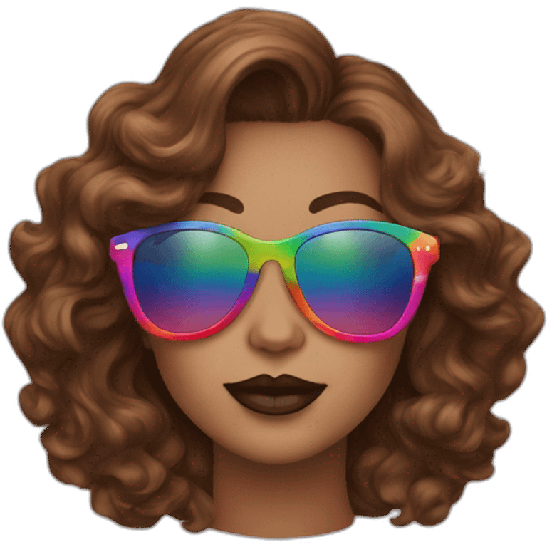 gay pride sunglasses on female head with wavy brown hair and rainbow lipstick emoji