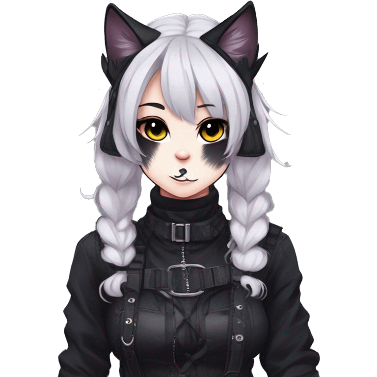 Gorgeous gothic dark techwear anime style anthro black cat furry with blushing face aesthetic and pretty edgy black with collar and harness trending style emoji