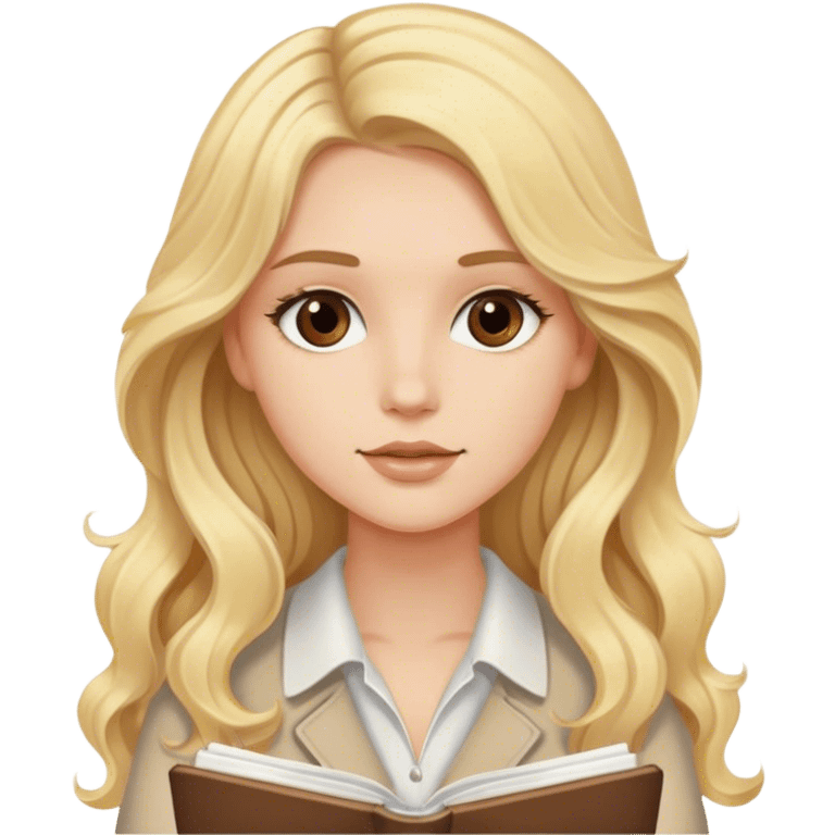 Blonde model with brown eyes, long wavy hair, writing in a notebook emoji