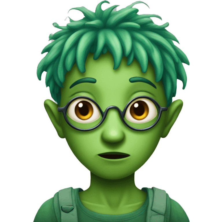 An alien with four eyes and green hair and is a fairy with marron ragged clothes emoji