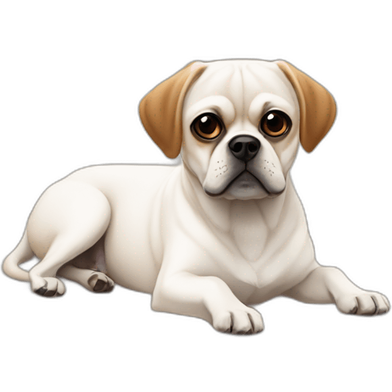 White puggle with brown ears laying on bed emoji