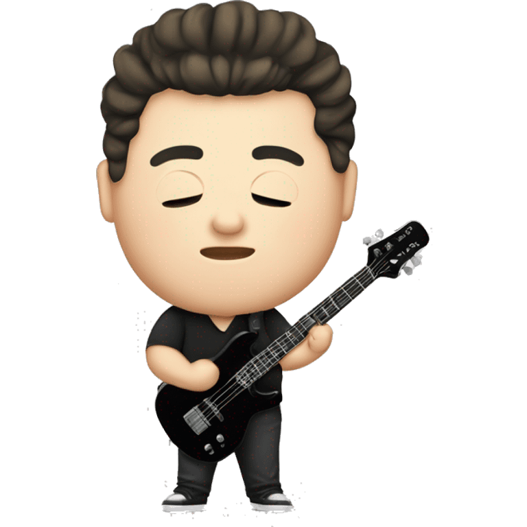 chubby chines with fair skin and man bun and black shirt and bass guitar emoji