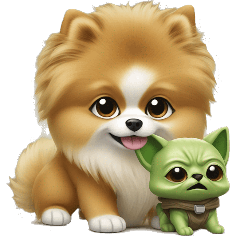 Pomeranian playing with yoda plush emoji