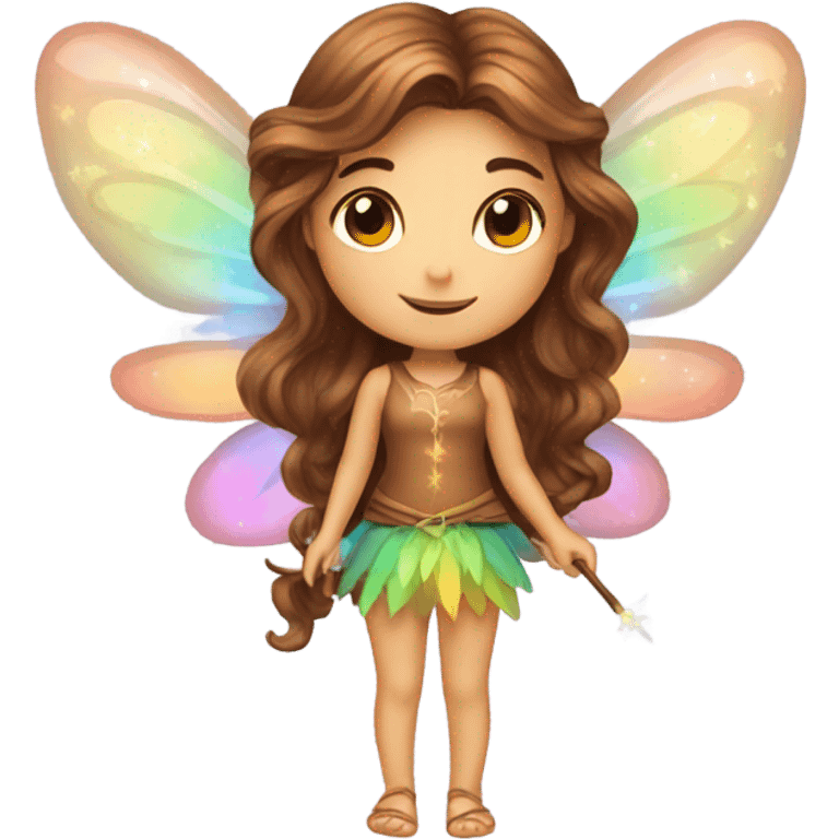 Beautiful long brown hair cute Pixie fairy with magic colorful wings and wand  emoji