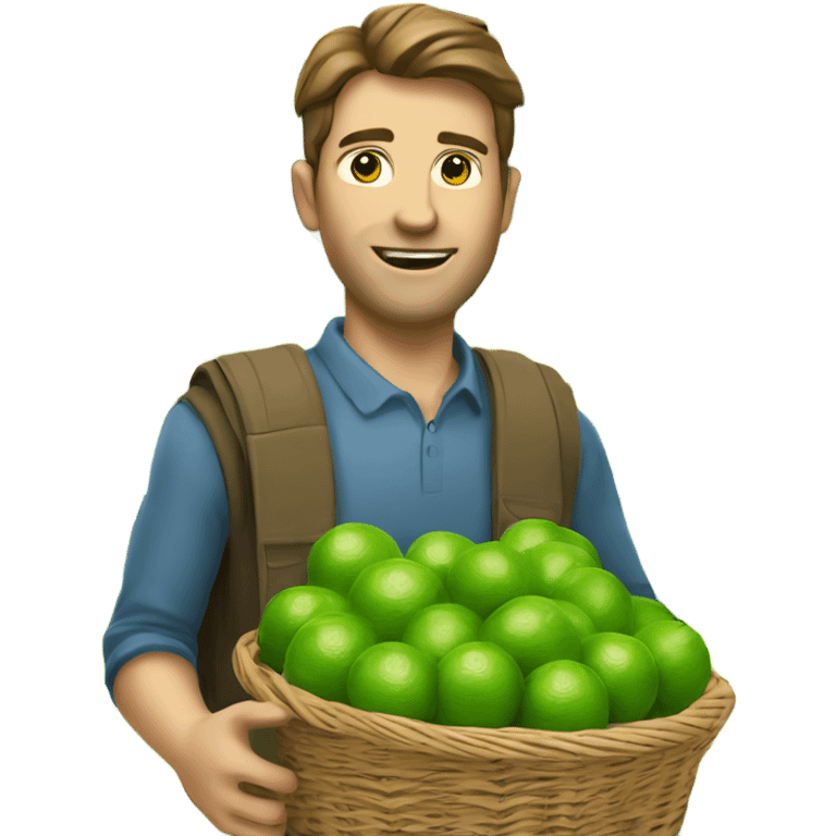 A white man with brown hair and tall carrying many limes in his hands in a supermarket. Make it so the limes are nearly overflowing the basket  emoji