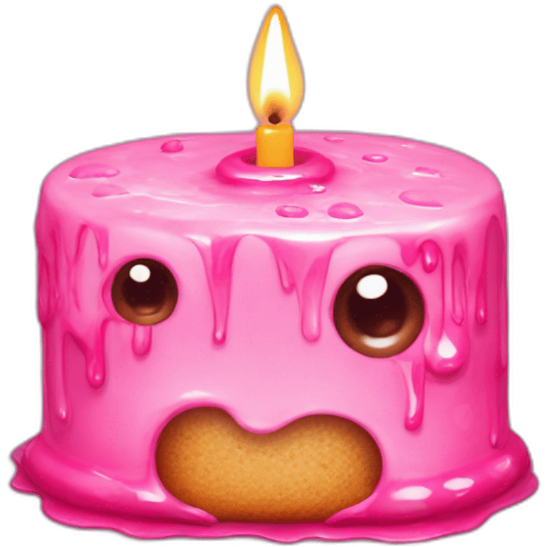 Pink small cake with candle, and two eyes in the glaze, two teeth crawling out from under the glaze emoji