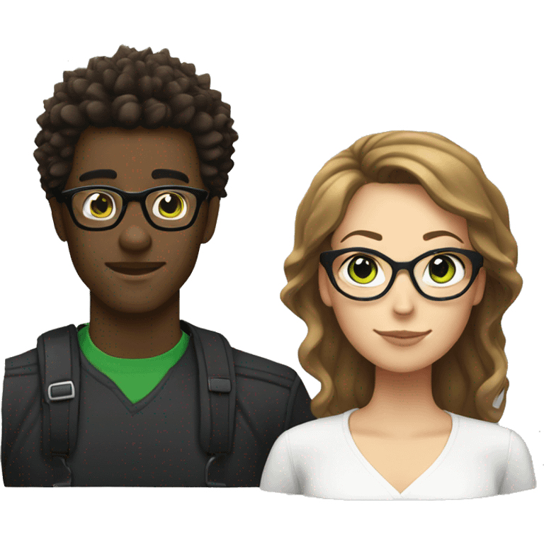 black male with spikey hair and glasses and white female with brown wavy hair , green eyes and glasses emoji