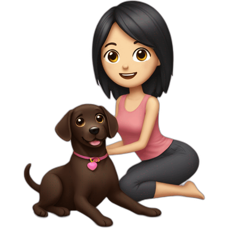 Chocolate labrador playing with woman long black hair emoji