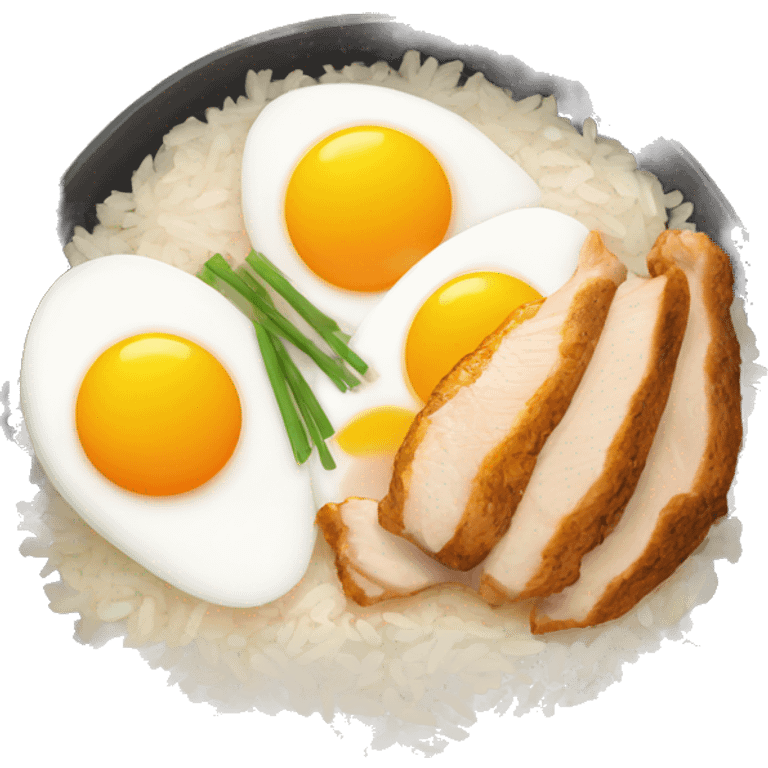 a bowl of rice with two eggs and chicken thigh front view emoji