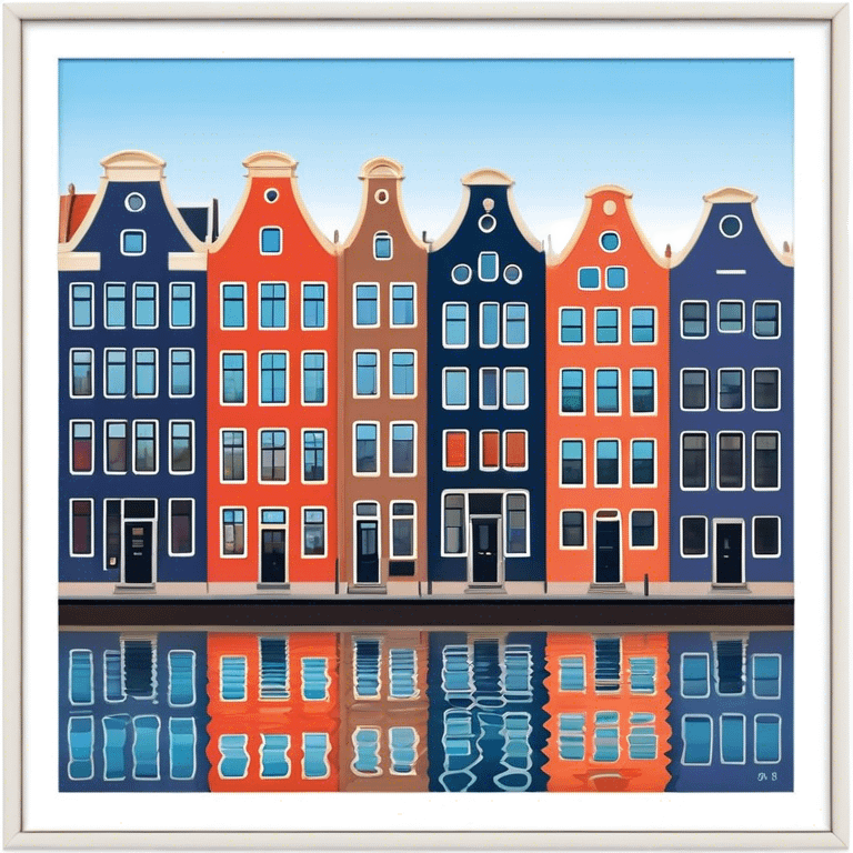 Cinematic Realistic Amsterdam Canal Houses Landmark Emoji, featuring narrow, gabled facades in vibrant colors reflecting on the calm canal waters. emoji