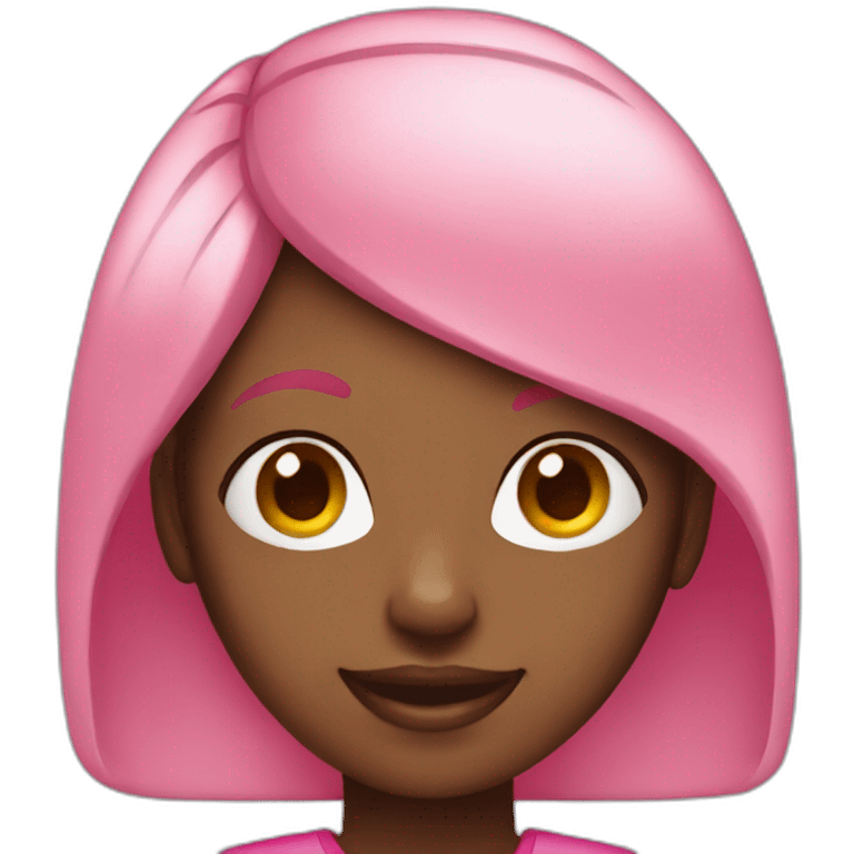 black girl with pink clothes and pink hair smiling emoji