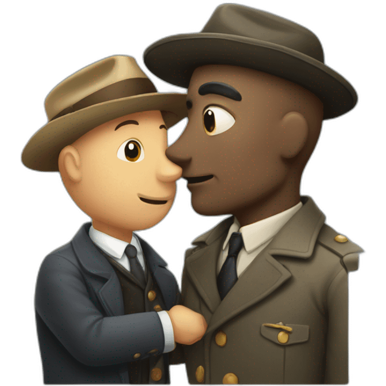 African bald older  man detective with hat kisses older european man detective  emoji