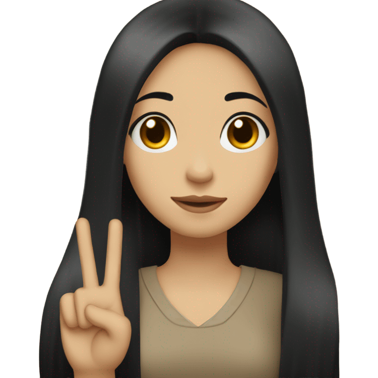 Girl with a straight black long hair, pale skin, honey eyes  doing ✌🏻 emoji