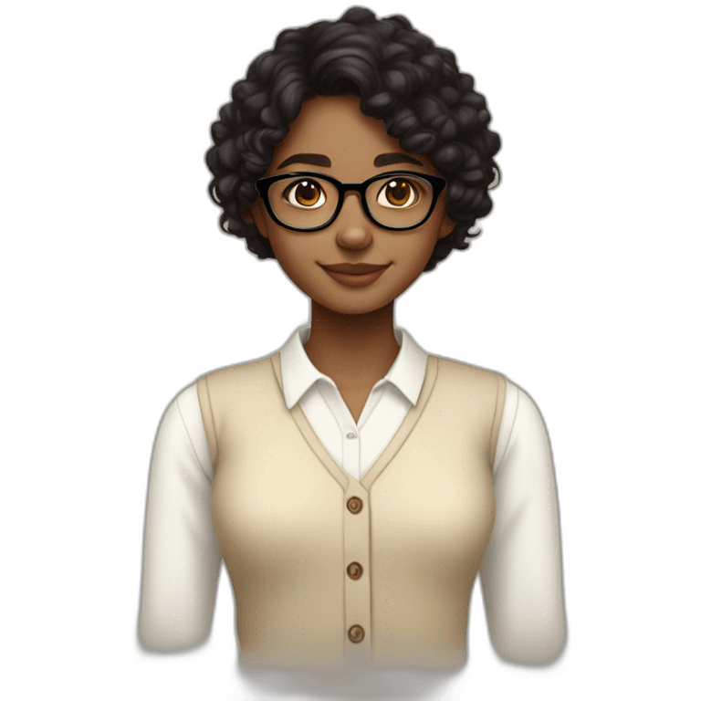 smiling dark skin indian teenage girl with black curly hair and glasses wearing a collared long sleeve white shirt under a beige v shaped collar sweatervest with no buttons emoji