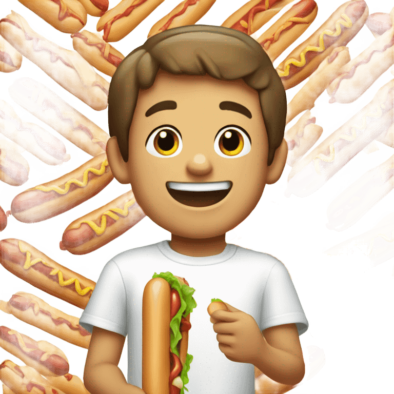 smiling boy in white shirt eating a huge hotdog emoji