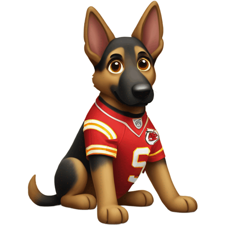 German shepherd wearing a chiefs jersey emoji