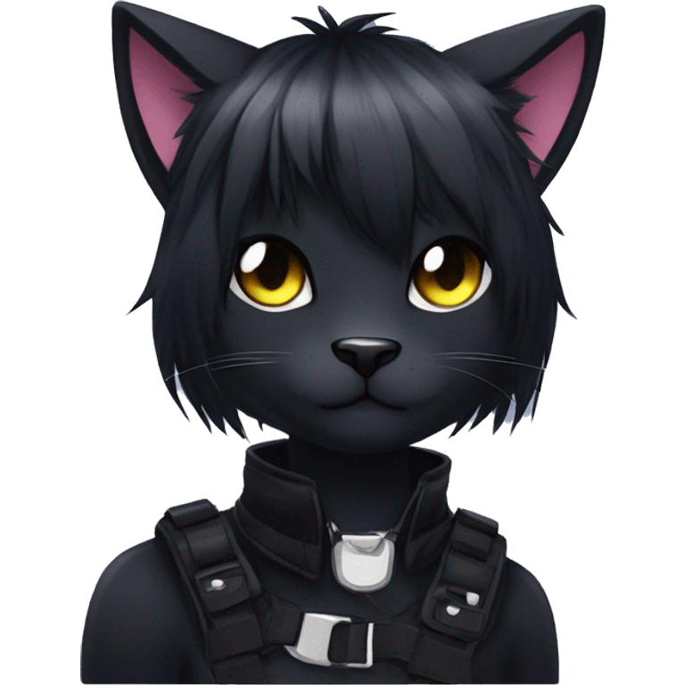 Anthro Cool Black Cat-Fursona-Fakemon with Emo Hair-bangs with Chest Harness emoji