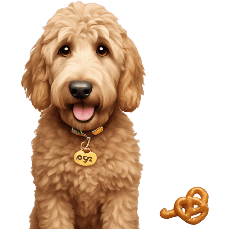 Golden doodle with pretzel name tag emoji