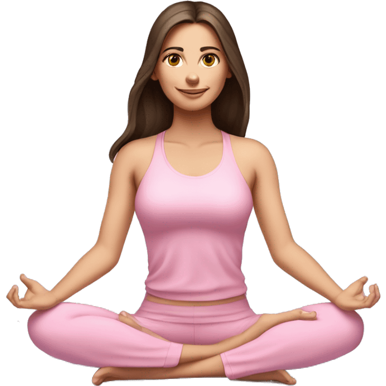 Brunette long hair and blue eyes yoga beautiful girl in light pink pink pink clothes sitting on a yoga mat emoji