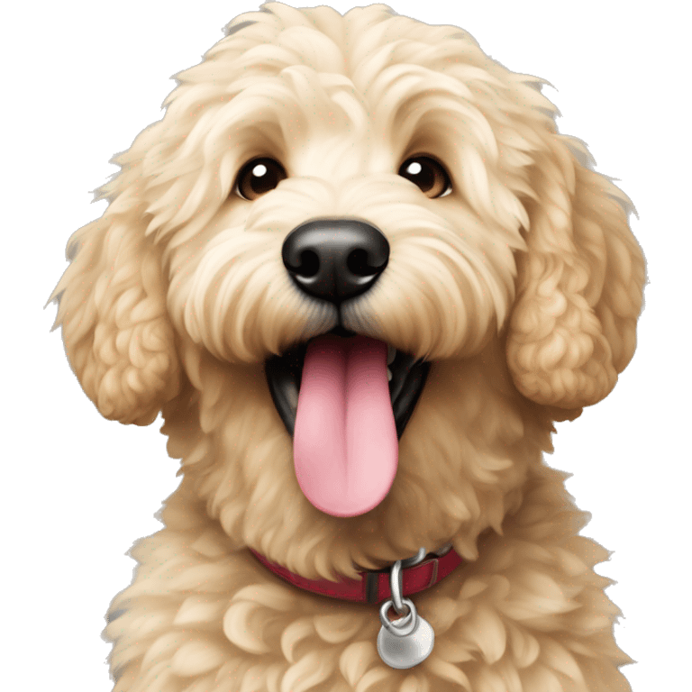 playful light fur golden doodle with tongue out emoji