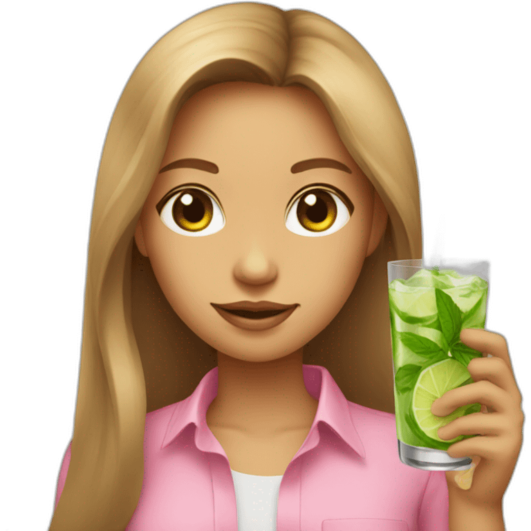 Light brown long hair girl pink shirt drink mojito  emoji