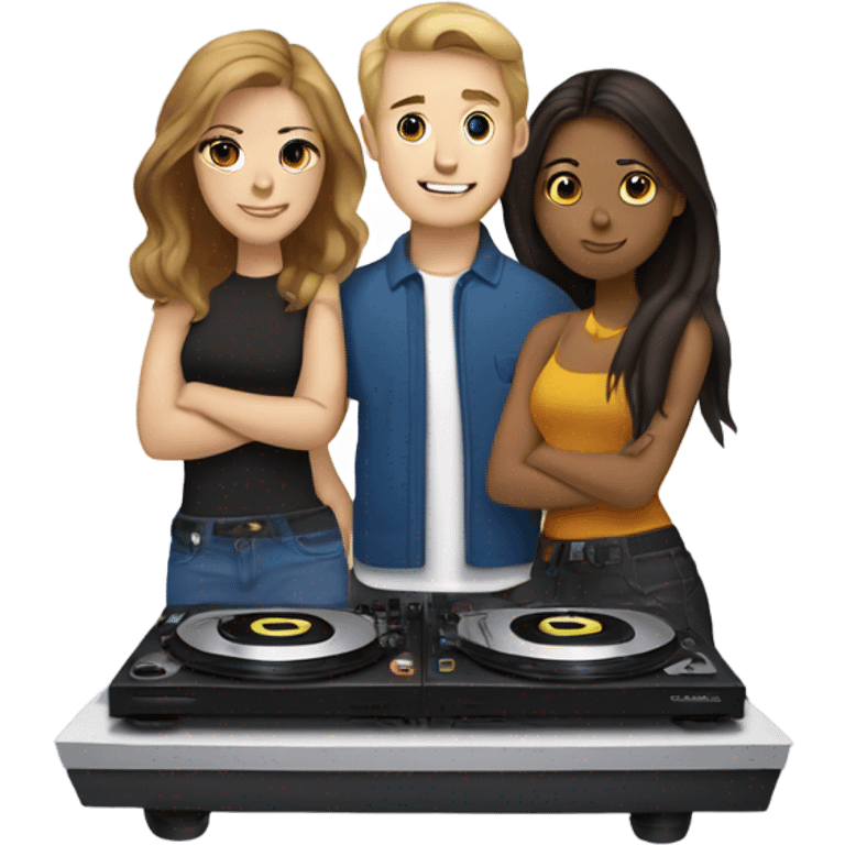 3 people: a white girl, a brown girl, and a white guy behind DJ turntables together emoji