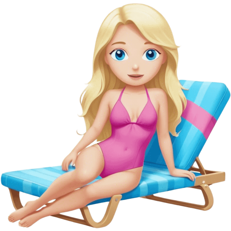 A cinematically realistic blonde with long hair and blue eyes is lying on a chaise longue in a pink swimsuit, sunbathing in the sun emoji