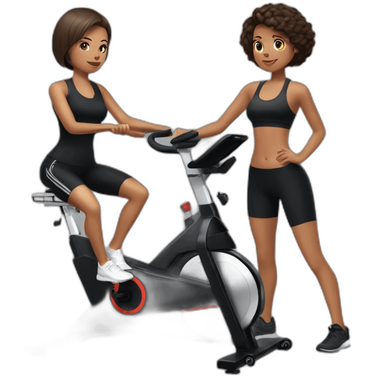 realistic exercise bike and one girl with short hair in black sportswear emoji