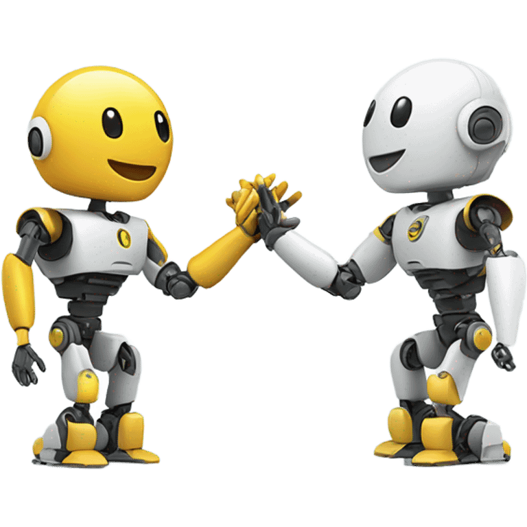 Two robotic figures high-fiving or shaking hands, symbolizing partnership in technology. emoji